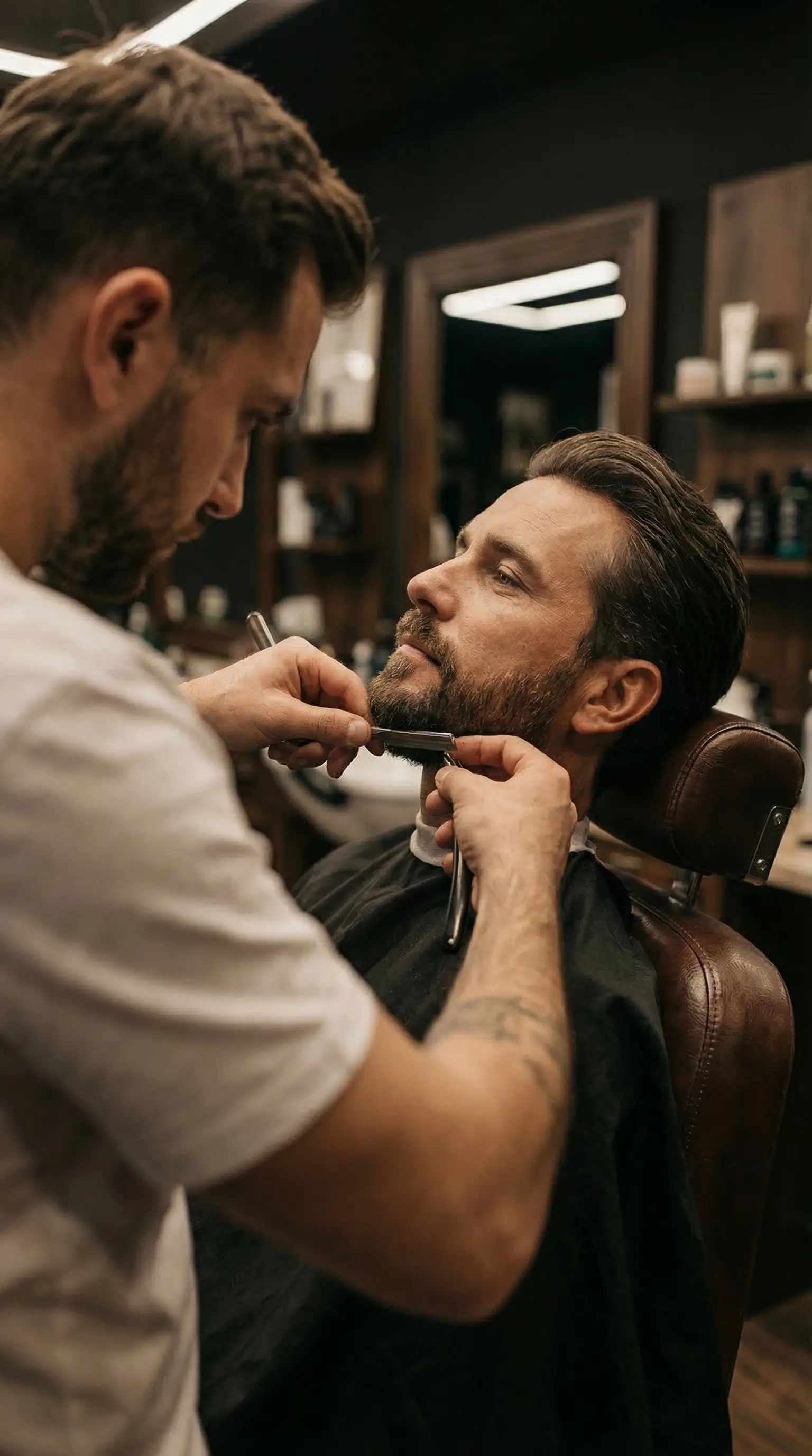 Barbeiro realizando corte com navalha no Centro Anderson Barber